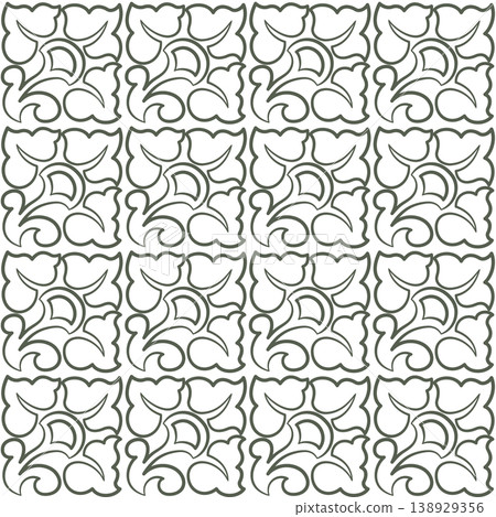 Monochrome leaves contour on white background. Square medieval plant embroidery ornament. Square leaves coloring page. Antique style seamless pattern 138929356