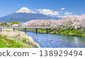 Natural scenery of Ryuganbuchi in spring: Cherry blossoms, Mt. Fuji, and the Urui River [Fuji City, Shizuoka Prefecture] 138929494