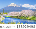 Natural scenery of Ryuganbuchi in spring: Cherry blossoms, Mt. Fuji, and the Urui River [Fuji City, Shizuoka Prefecture] 138929498