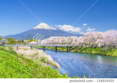 從靜岡縣富士市宇留川眺望靜岡縣熱門旅遊景點龍岩淵，櫻花盛開，富士山巍峨聳立，景色令人嘆為觀止。 [靜岡縣富士市] 138929505