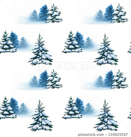 Seamless pattern of fir trees. Watercolor illustration of Christmas tree. Winter forest background. Wallpaper of snowy fir trees. Snowy landscape with trees. Watercolor pattern of evergreen Spruces. 138929587