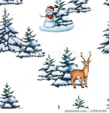 A cute winter seamless pattern with Christmas trees, a snowman, and a deer. A watercolor holiday background. A snowy landscape with trees and forest animals. Wallpaper with fir trees and snowman A cute winter seamless pattern with Christmas trees, a snowman, and a deer. A watercolor holiday background. A snowy landscape with trees and forest animals. Wallpaper with fir trees and snowman 138929589