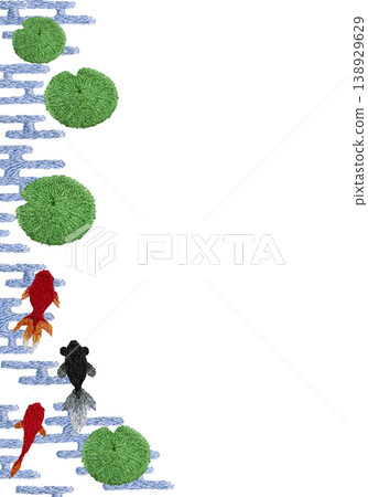 [Goldfish and Aquatic Plants Japanese Pattern Vertical Frame] Hand Embroidery Illustration Material 138929629