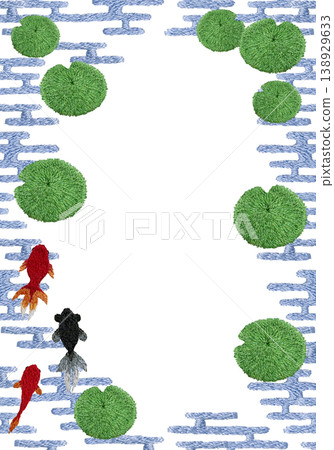 [Goldfish and Aquatic Plants Japanese Pattern Vertical Frame] Hand Embroidery Illustration Material 138929633