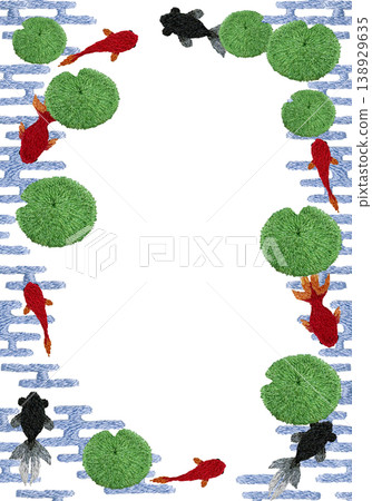 [Goldfish and Aquatic Plants Japanese Pattern Vertical Frame] Hand Embroidery Illustration Material 138929635