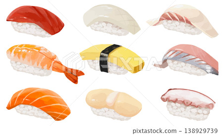 壽司配料組合(9種)(鮪魚、蝦、鮭魚、魷魚、雞蛋、扇貝、鯛魚、竹莢魚、章魚) 壽司配料組合(9種)(鮪魚、蝦、鮭魚、魷魚、雞蛋、扇貝、鯛魚、竹莢魚、章魚) 138929739