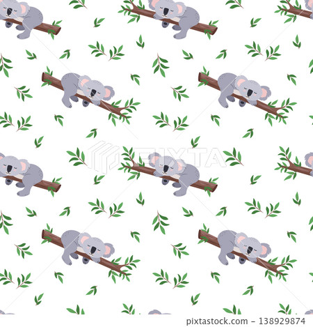 Seamless pattern Cute koala Sleeping on a eucalyptus tree. Vector illustration, cartoon background, wallpaper. Seamless pattern Cute koala Sleeping on a eucalyptus tree. Vector illustration, cartoon background, wallpaper. 138929874