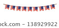 American Flag Bunting Garland Banner with USA Stars and Stripes isolated on transparent Background. Patriotic Red White Blue Decoration, Independence Day Celebration, 4th of July Vector Illustration 138929922