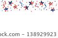 Hand drawn USA Patriotic Stars Confetti Banner. American Flag Pattern isolated on background. Red White Blue Celebration Banner for Independence Day. 4th of July Holiday Decorative Vector Border 138929923