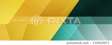 Vibrant yellow and teal geometric layers abstract background creating energetic corporate tech atmosphere with smooth gradients, overlapping polygons, subtle diagonal accents and glossy highlights, 138929971