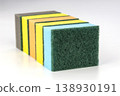 Organized Stack of Multicolor Cleaning Sponges and Scrubbers for Kitchen and Household Cleaning Tasks 138930191