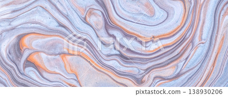 Light cool gray and orange abstract fluid art background with liquid marble texture effect in acrylic pour painting style 138930206