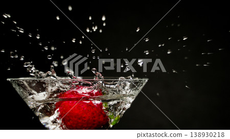 Strawberry splashing into refreshing martini glass with water droplets 138930218