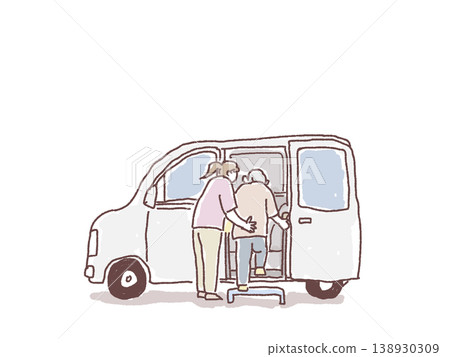 Care staff assisting elderly passengers in transport vehicles. 138930309