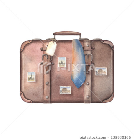 Hand-painted watercolor of brown leather suitcase with blank tag, travel stamps, and tie isolated on white. Perfect for travel, business themes, branding, advertising, posters, websites, packaging Hand-painted watercolor of brown leather suitcase with blank tag, travel stamps, and tie isolated on white. Perfect for travel, business themes, branding, advertising, posters, websites, packaging 138930366