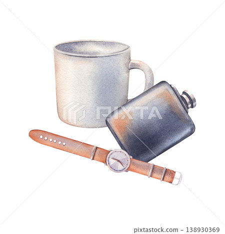 Hand-painted watercolor composition with white mug, flask, watch isolated on white. Perfect for lifestyle, travel, branding, advertising, design, posters, websites, packaging, product visuals 138930369