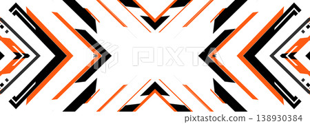 Bold orange black geometric chevrons crossing on white field, symmetrical angular lines and crisp edges create energetic visual rhythm, suitable for branding, poster art, packaging mockup, modern Bold orange black geometric chevrons crossing on white field, symmetrical angular lines and crisp edges create energetic visual rhythm, suitable for branding, poster art, packaging mockup, modern 138930384