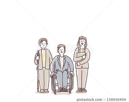 Illustrations of people with disabilities and employment (visual impairment, physical disability, mental disability) Illustrations of people with disabilities and employment (visual impairment, physical disability, mental disability) 138930404