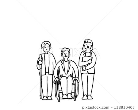 殘疾人士及就業（視力障礙、肢體殘疾、精神殘疾）的插圖，線條畫。 138930405