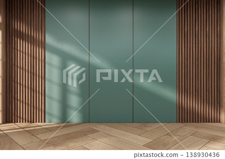 Clean modern japandi - Room empty mint wall on wood floor Mockup living room minimalist.3D rendering Clean modern japandi - Room empty mint wall on wood floor Mockup living room minimalist.3D rendering 138930436