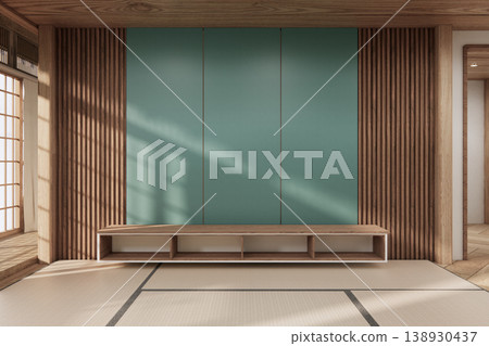 Clean modern japandi - Room empty mint wall on wood floor Mockup living room minimalist.3D rendering 138930437