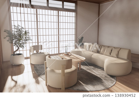 Modern room interior wabisabi style mint Armchair onEmpty room wabi sabi style. 3D illustration rendering 138930452