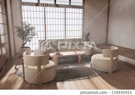Modern room interior wabisabi style mint Armchair onEmpty room wabi sabi style. 3D illustration rendering Modern room interior wabisabi style mint Armchair onEmpty room wabi sabi style. 3D illustration rendering 138930453
