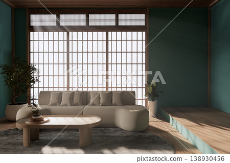 Living room interior ,Wooden floor on mint wall and decoration empty room modern design.3D rendering Living room interior ,Wooden floor on mint wall and decoration empty room modern design.3D rendering 138930456