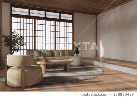 Modern room interior wabisabi style mint Armchair onEmpty room wabi sabi style. 3D illustration rendering Modern room interior wabisabi style mint Armchair onEmpty room wabi sabi style. 3D illustration rendering 138930459