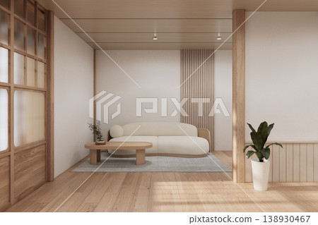 Modern room interior wabisabi style mint Armchair onEmpty room wabi sabi style. 3D illustration rendering 138930467