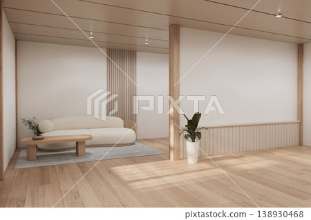 Modern room interior wabisabi style mint Armchair onEmpty room wabi sabi style. 3D illustration rendering 138930468