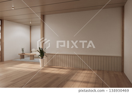 Clean modern japandi - Room empty white wall on wood floor Mockup living room minimalist.3D rendering Clean modern japandi - Room empty white wall on wood floor Mockup living room minimalist.3D rendering 138930469
