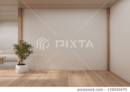 Clean modern japandi - Room empty white wall on wood floor Mockup living room minimalist.3D rendering Clean modern japandi - Room empty white wall on wood floor Mockup living room minimalist.3D rendering 138930470