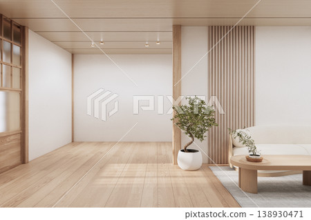 Modern room interior wabisabi style mint Armchair onEmpty room wabi sabi style. 3D illustration rendering Modern room interior wabisabi style mint Armchair onEmpty room wabi sabi style. 3D illustration rendering 138930471