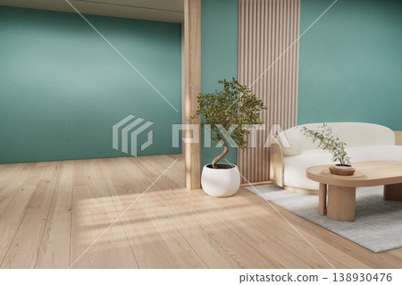 Living room interior ,Wooden floor on mint wall and decoration empty room modern design.3D rendering Living room interior ,Wooden floor on mint wall and decoration empty room modern design.3D rendering 138930476
