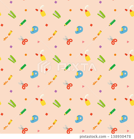 Colorful patterns of stationery items such as crayons, scissors, and pencils as background. 138930478