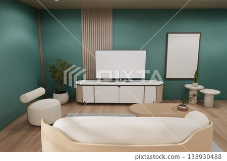 Living room interior ,Wooden floor on mint wall and decoration empty room modern design.3D rendering Living room interior ,Wooden floor on mint wall and decoration empty room modern design.3D rendering 138930488