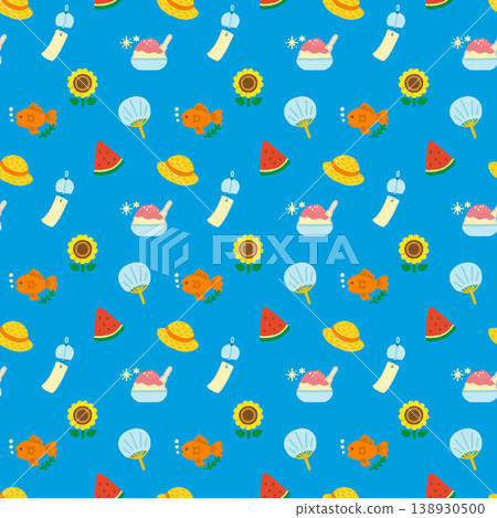 Summer Vacation Japan Pattern Background Wind Chimes Fans Goldfish Sunflowers Cute Flat Design 138930500