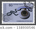 Postage stamp on the theme of an old telephone. Vector. 138930546