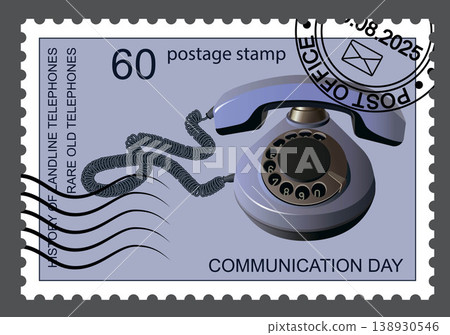 Postage stamp on the theme of an old telephone. Vector. 138930546