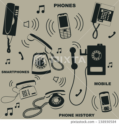 Seamless texture on the theme of the history of telephones. Vector. 138930584