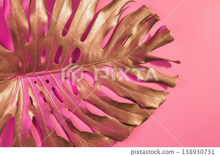 Golden tropical palm leaf Monstera on luxury pastel pink. Abstract pattern for design. Golden tropical palm leaf Monstera on luxury pastel pink. Abstract pattern for design. 138930731