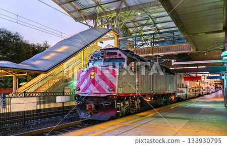 Old historic Caltrain commuter train at Millbrae station in California 138930795