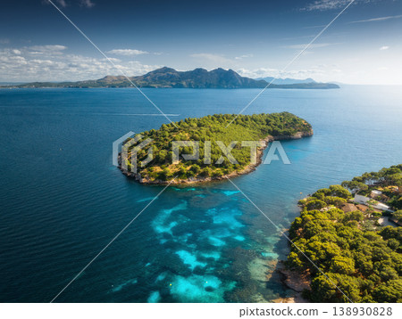 Aerial drone view of a green island with pine trees and blue sea Aerial drone view of a green island with pine trees and blue sea 138930828