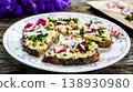 Egg salad open sandwiches with radish and chives on rye bread 138930980