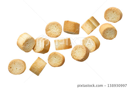 Round croutons fly close up on a white. Isolated Round croutons fly close up on a white. Isolated 138930997