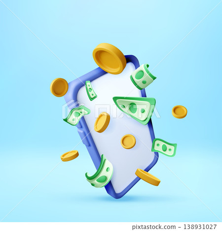 Smartphone with floating coin and banknote 3d Smartphone with floating coin and banknote 3d 138931027