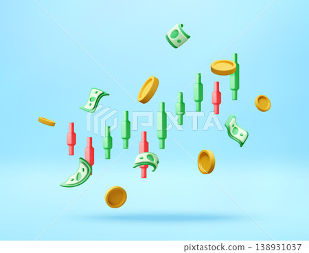 3D Candlestick chart with flying money and coins. 3D Candlestick chart with flying money and coins. 138931037