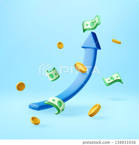 3D arrow pointing upward with banknotes and coins 3D arrow pointing upward with banknotes and coins 138931038