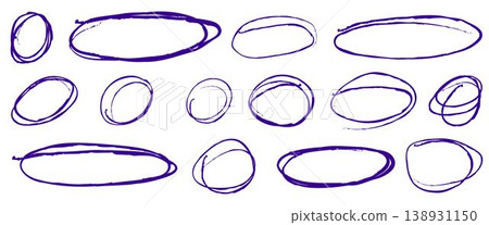 Set of hand drawn purple ink circles and oval highlight elements for business presentation UI design and creative school stationery 138931150